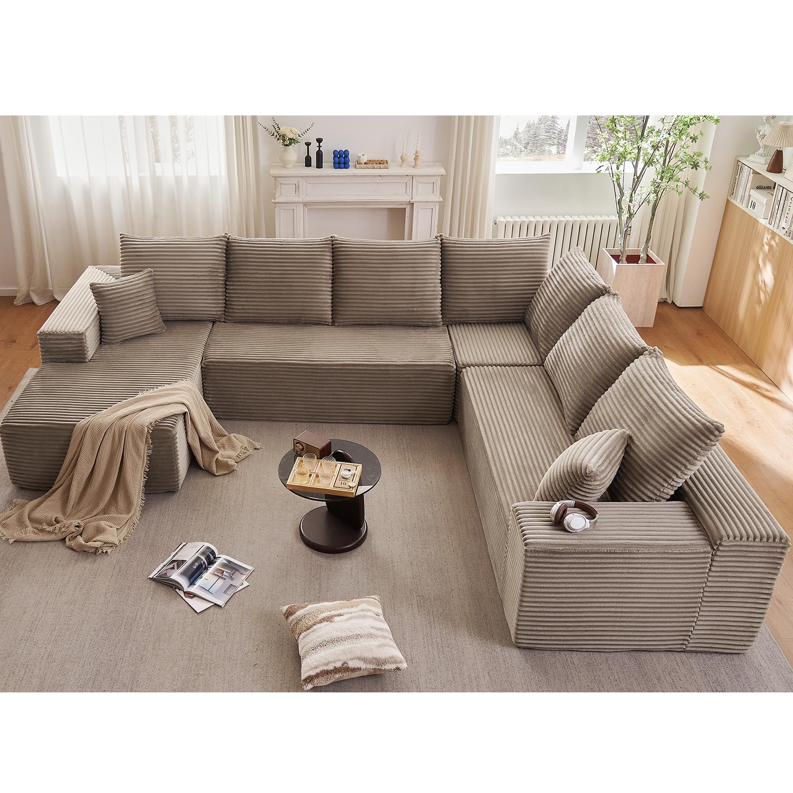 Sectional Cloud Couch with L-Shape Chaise, Upholstered Corduroy Couches Stupendous U Shaped Sofas, Modern Modular Comfy Sofa with Deep Seat for Living Room Bedroom, No Assembly Required, Camel