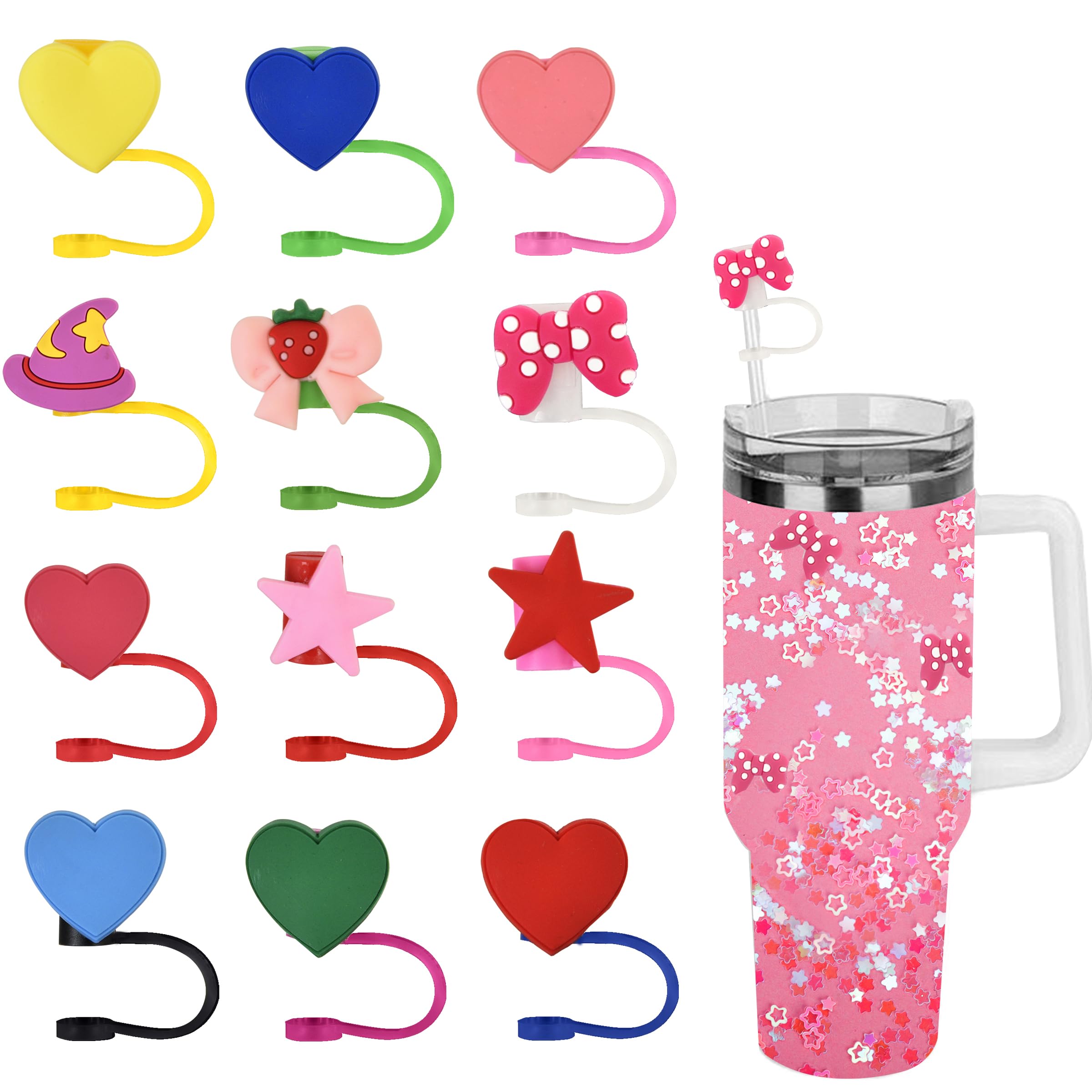 12Pcs Heart Straw Covers For Stanley Cups, Reusable Straw Toppers Tips for 0.4 Inch/10 mm Straws, Portable Star Stanley Straw Caps
