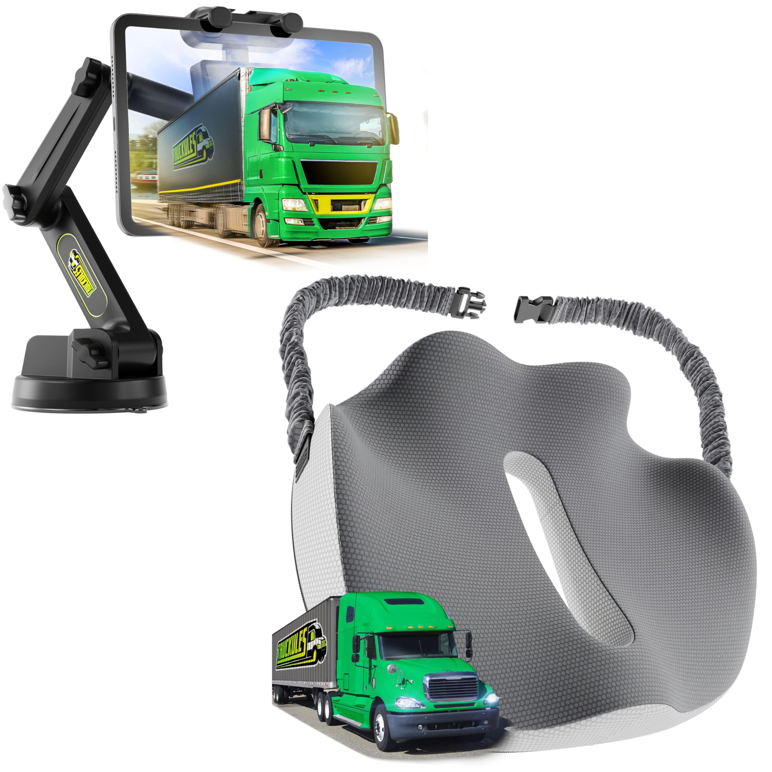 Truckules Commercial Truck Tablet Mount + Truck Seat Cushion, Heavy Duty, Tablet & iPad Mount Truck Dashboard Windshield + Ultimate Memory Foam Trucker Seat Cushion (1 Tablet Mount + 1 seat Cushion)