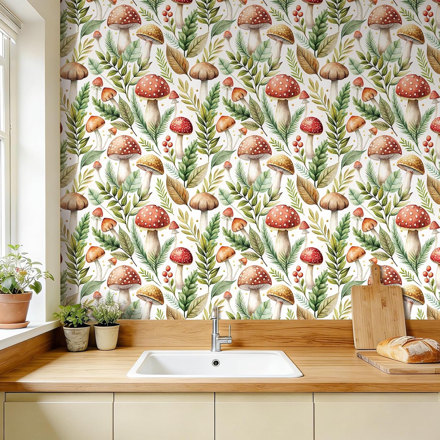 ReWallpaper Mushroom Peel and Stick Wallpaper Removable Watercolor Woodland Botanical Contact Paper for Cabinets Shelves Drawer Liner Pantry Coffee Bar Bookcase Renter Friendly DIY Decor 17.5in X 10ft