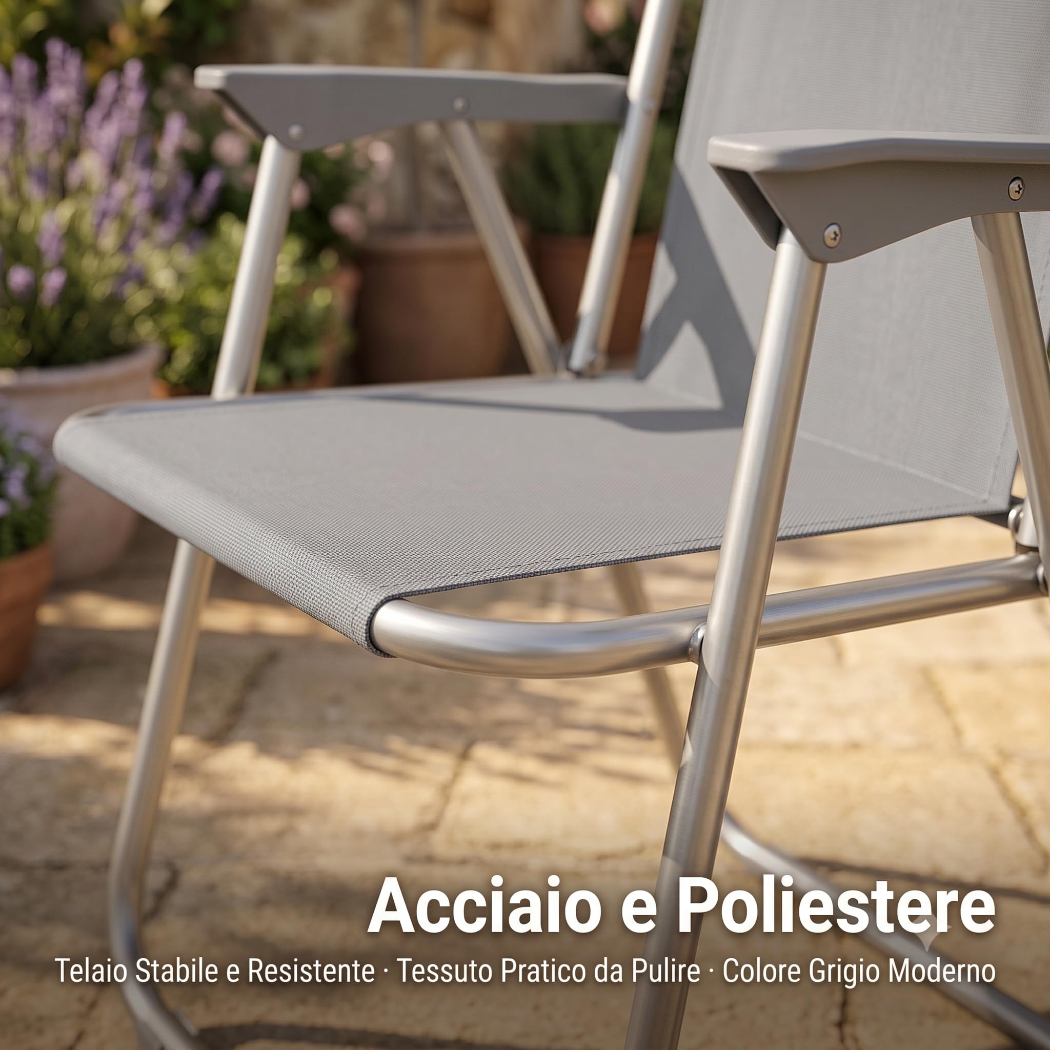 Lemag Set 2 Sedie Relax Grigio con Telaio in Acciaio e Tessuto in Poliestere – Sedie da Giardino Esterno Terrazzo e Campeggio – Comode e Robuste – Sedute per Relax Interno ed Esterno