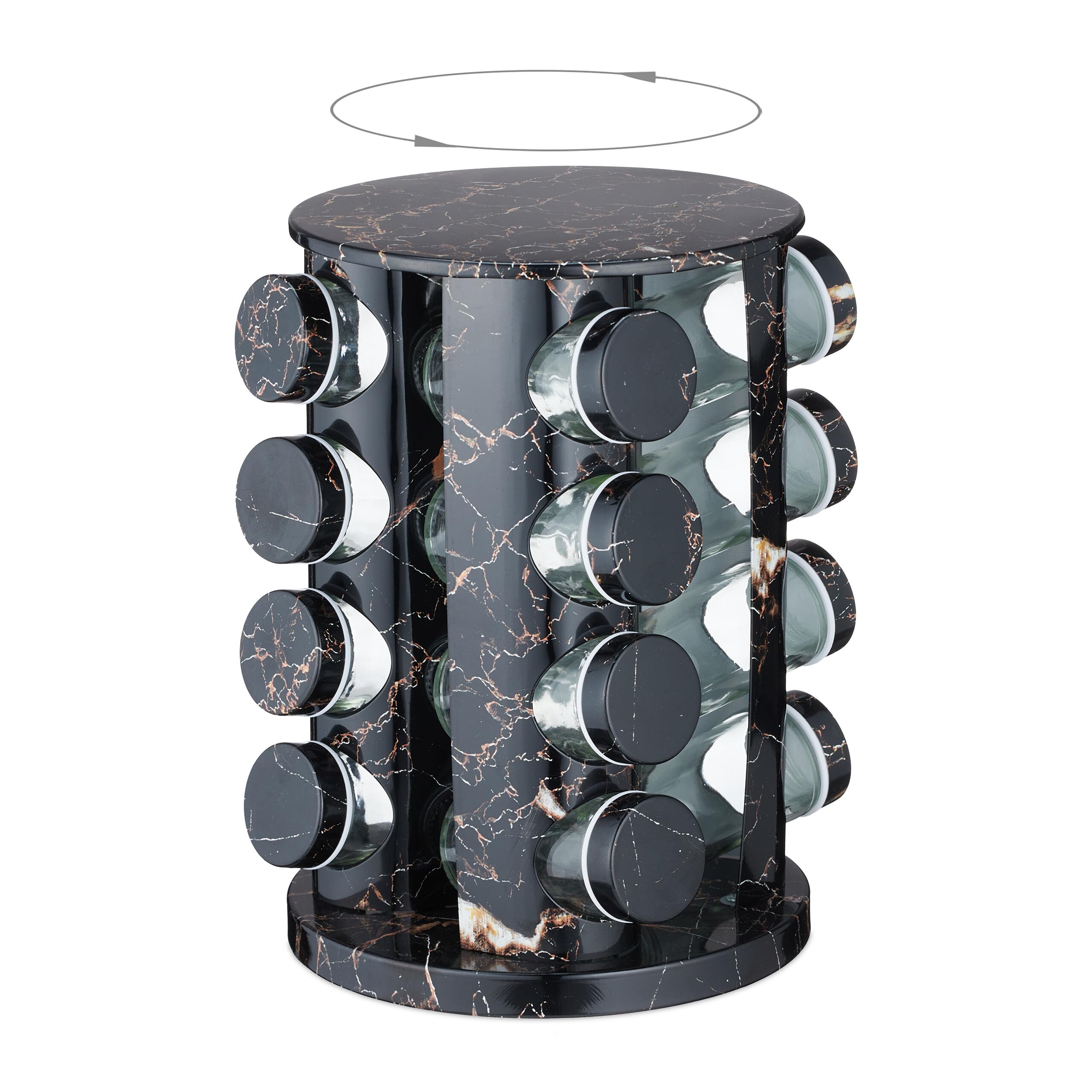 Relaxdays Portaspezie da Cucina, 16 Barattoli, Fori Spargispezie, Girevole a 360°, HxD: 27,5x19 cm, Effetto Marmo, Nero