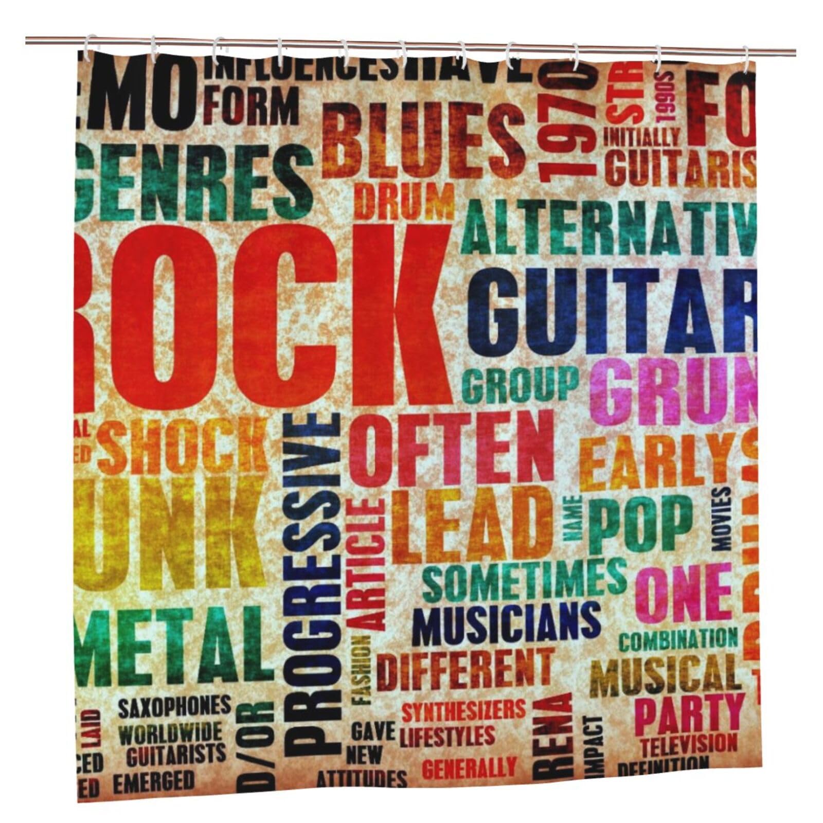 Oudrspo Polyester Fabric Shower Curtain - 70x70 Inch with Metal Grommets, Artistic Privacy Design, Retro Rock and Roll Symbol Lettering Grunge Distressed Colors Back Then Sound Music Theme