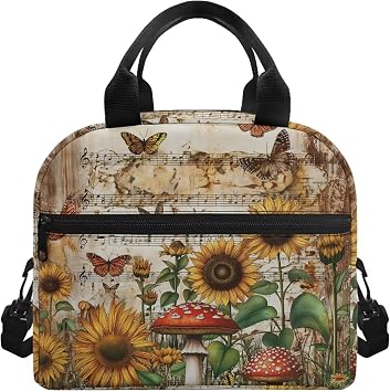 Mushroom Lunch Box for Women Small with Strap Butterfly Sunflower Cute Lunch Bags for Girls Kids Teens Insulated Lunch Bags Tote Cooler Bag Bento Box Snack Pouch Lunchbag