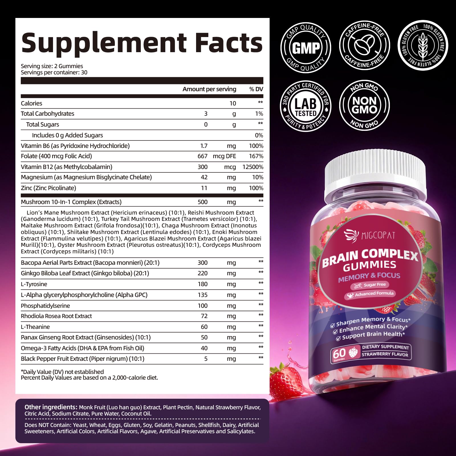 Migcopat Brain Supplements for Memory & Focus – Nootropic Gummies w/Bacopa, Lion’s Mane, Ginkgo & 10-in-1 Mushroom Complex, Mental Clarity & Cognitive Support, Caffeine-Free Strawberry Flavor 60 Cts — Amazon image 9