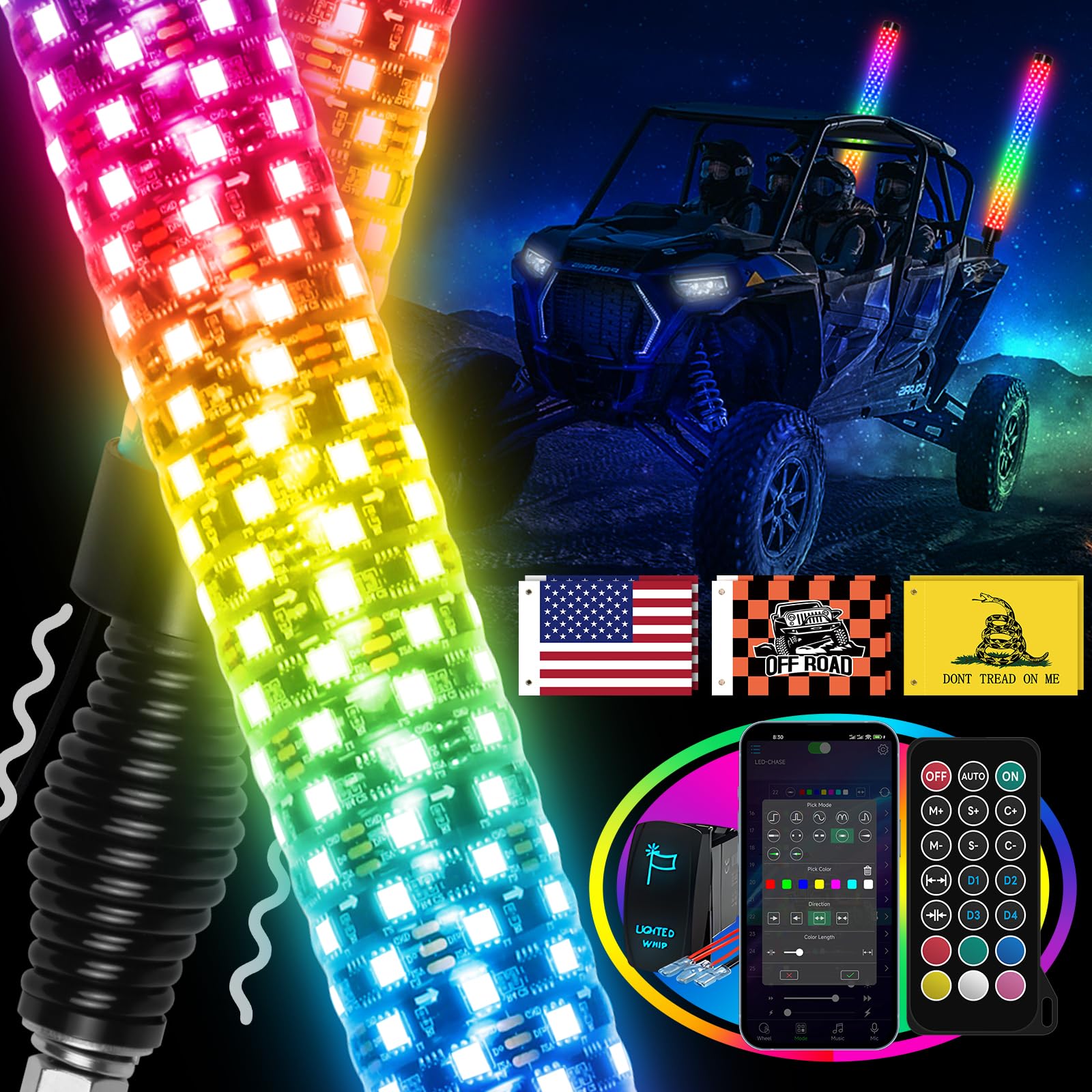 2PCS 2FT Fat Whip Lights With Spring Base, Thick LED With App &amp; Remote Control, Spiral RGB Chasing Lighted Antenna With Rocker Switch, Music Light for UTV ATV Can-Am Truck