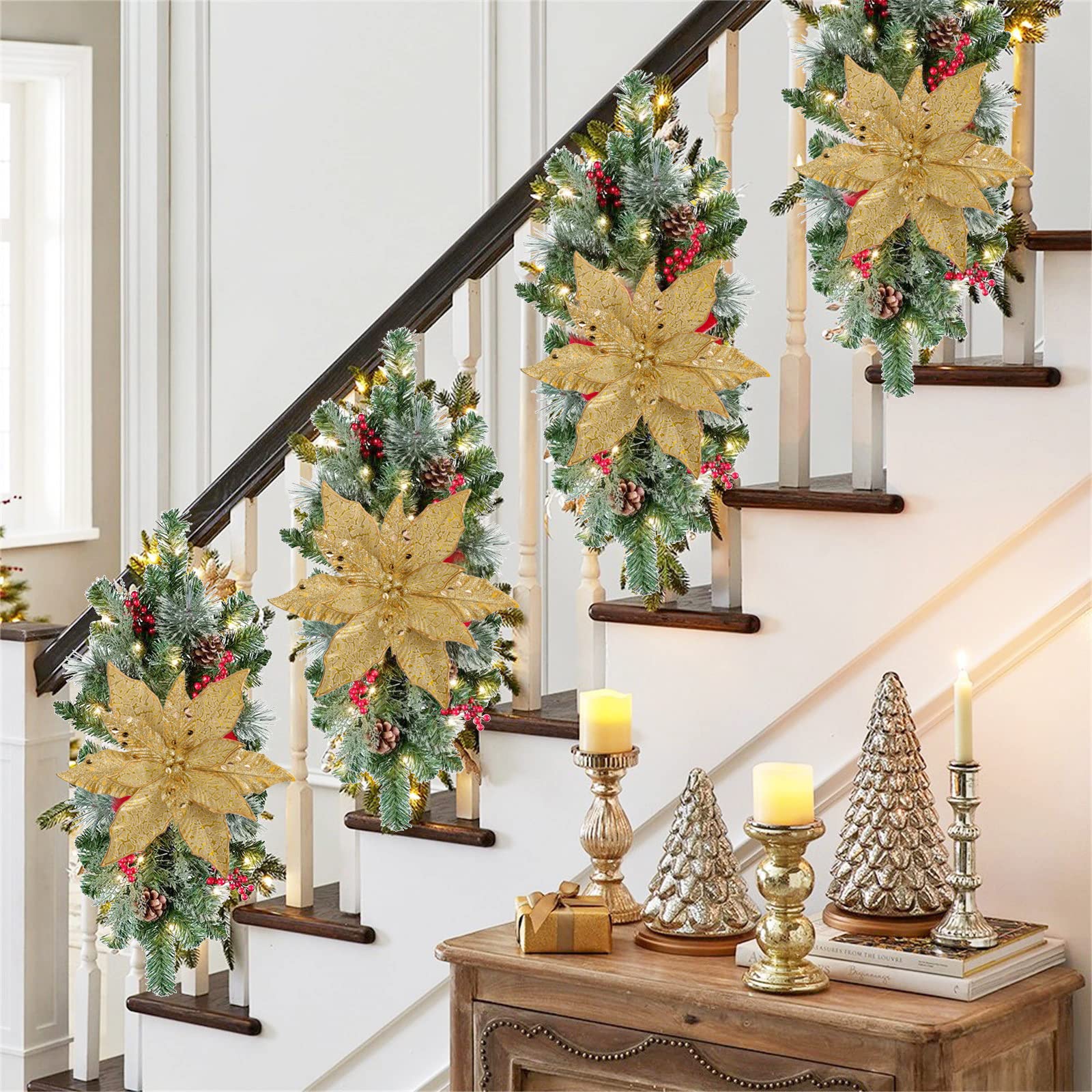 Oairse Juego de 4 Flores Artificiales de Navidad de 30 cm de Diámetro, Estrellas para Decoración de Árbol, Flores para Vacaciones, Centro de Mesa de Comedor