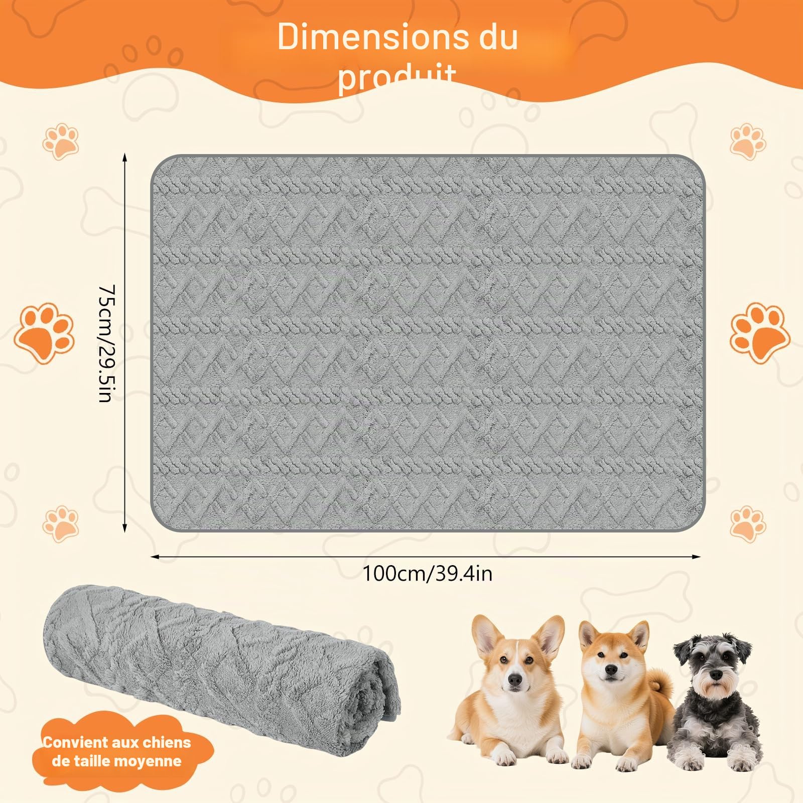 Couverture Chien 100x75cm, Tissu Flannel Imperméable, Moelleux et Chaud Couverture pour Chien, pour Chien Moyen et Grand, Lavable en Machine, Protection Canapé, Réversible (Gris)