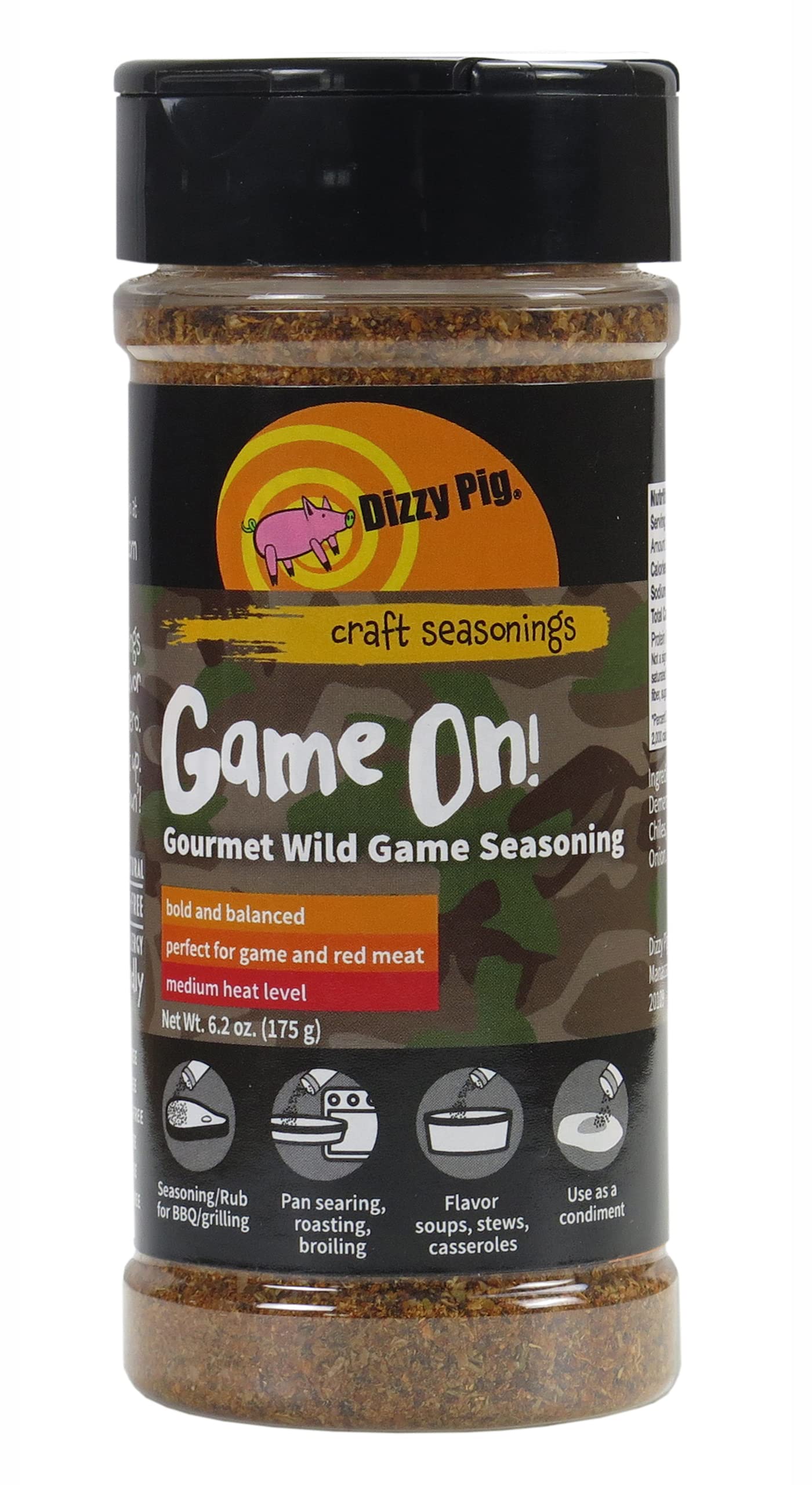 Dizzy Pig Game On! Wild Game Gourmet Seasoning Rub (8oz Shaker) - Seasons 30+lbs of Food - Hand Made in the USA - MSG Free, Gluten Free