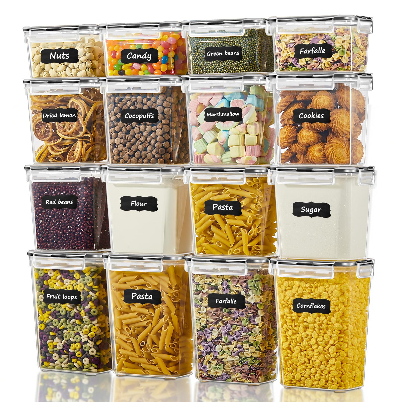 FOHERE Vorratsdosen mit Deckel Luftdicht Set of 16 (2L, 1.45L, 0.8L), Plastik Aufbewahrungsbox BPA-frei, Küchen Organizer Cornflakes Müsli Mehl Aufbewahrung, Vorratsbehälter mit Etiketten Küche, Haushalt & Wohnen
