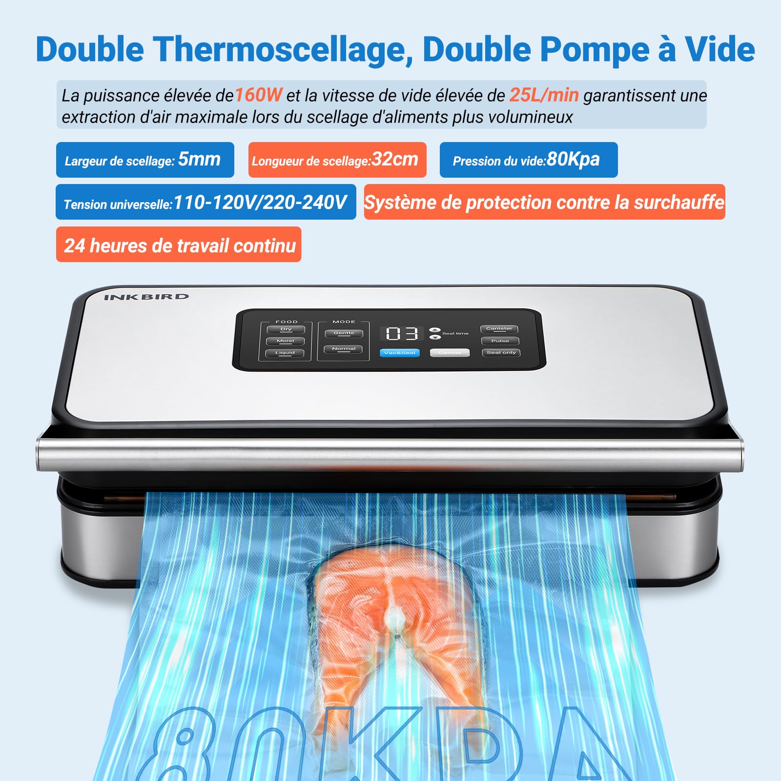 INKBIRD Machine Sous Vide Professionnelle pour Alimentaire, Double Pompe, Automatique, Modes Sec/Humide/Liquides, 20L/min, 160 Watts, Silencieuse, Coupeur Intégré et Rangement, Sacs et Rouleaux Inclus
