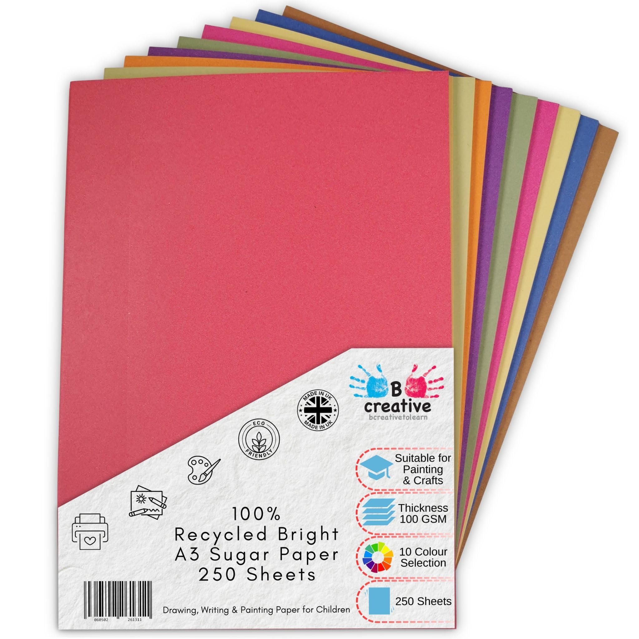 Be Creative A3 Recycled Sugar Paper 42 x 29.7 cm 100gsm – 250 Sheets in 10 Assorted Bright Colours for Arts, Crafts, Drawing & Scrapbooking