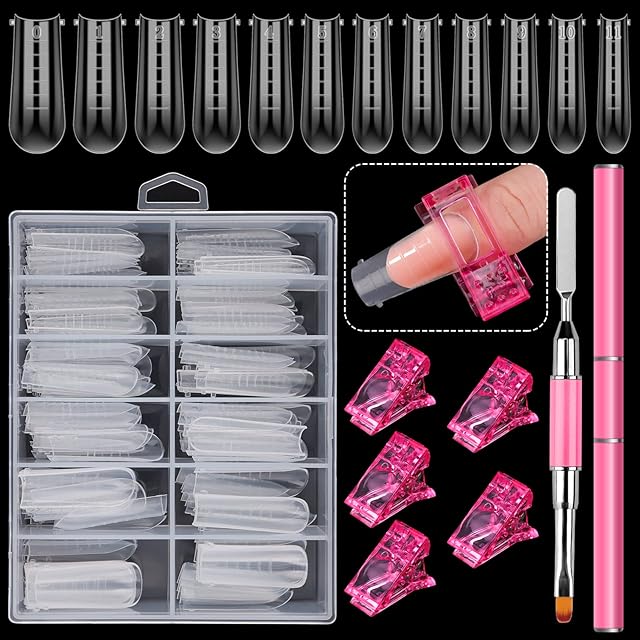 EBANKU Dual Nail Forms Set with 120 Piece Dual Nail Forms Poly gel Coffin Nail Mold, 1Pcs Pink Poly gel Dual-Ended Nails Brush, 5Pcs Pink Dual Form Nail Clips for Acrylic Nails Extension Nails Clear