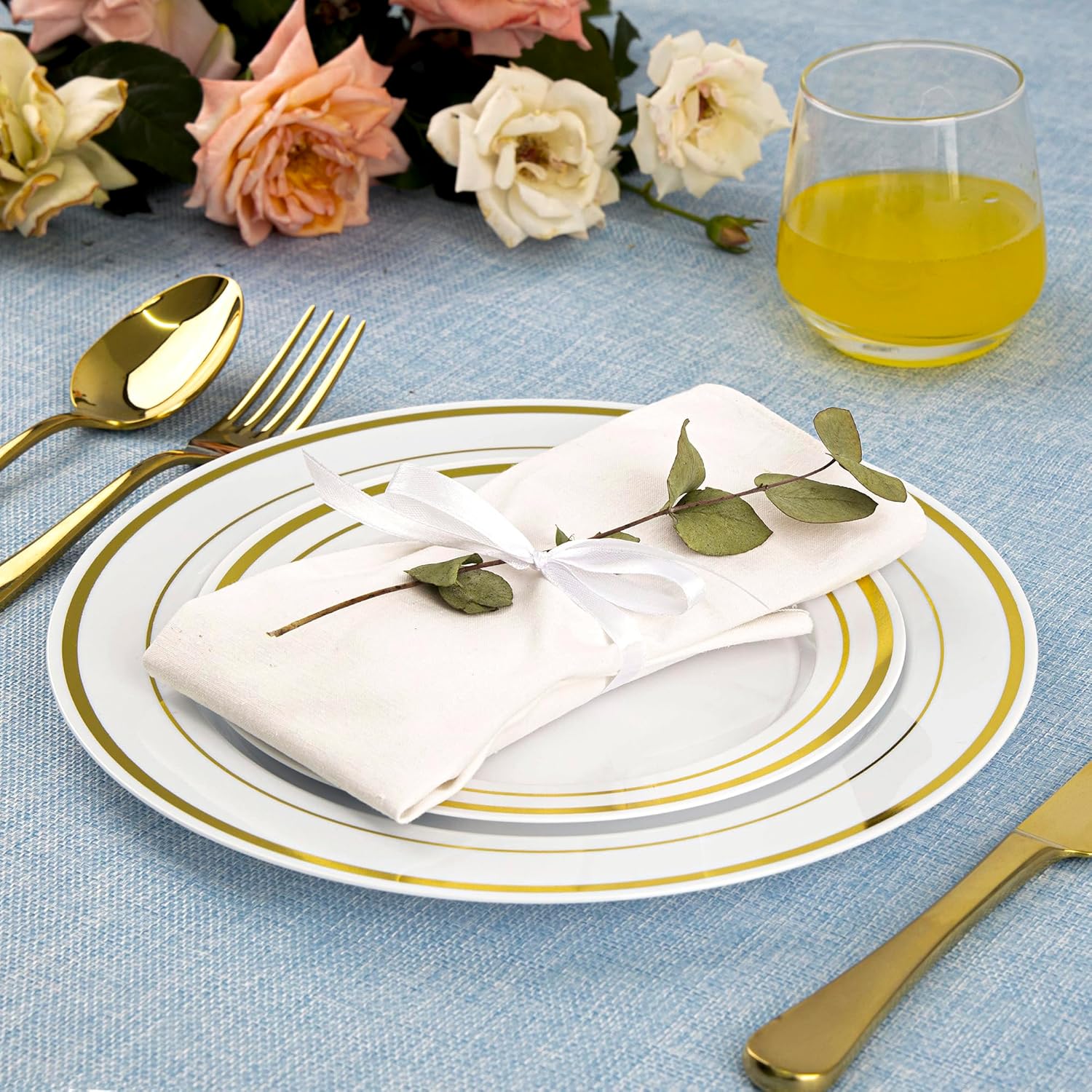 SETUP 100-Piece Gold Trim Plastic Dinnerware Set – 50 10.25" Dinner & 50 7.5" Salad Plates – Heavy-Duty Disposable for Weddings, Catering, Parties