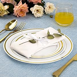 SETUP 100-Piece Gold Trim Plastic Dinnerware Set - 50 10.25 Dinner & 50 7.5 Salad Plates - Heavy-Duty Disposable for Weddings, Catering, Parties