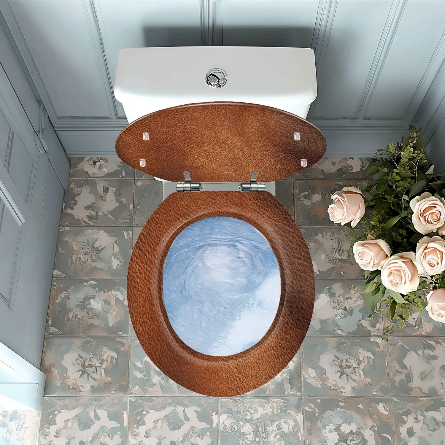 Asiento de inodoro redondo con bisagras de liberación rápida para baño.