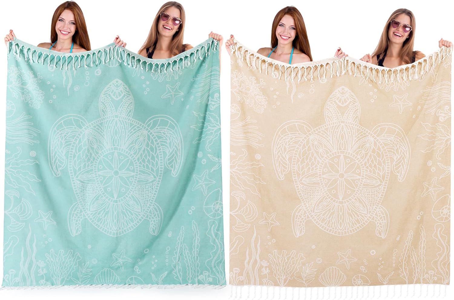 Tranqun 2pcs Oversized Beach Towel Blanket Turkish Giant Sandproof Towel XXL 66 x 71 Spacious Microfiber Lightweight Sand Towels Picnic Park Summer Travel Camping for Adult(Turtle,Turquoise, Beige)
