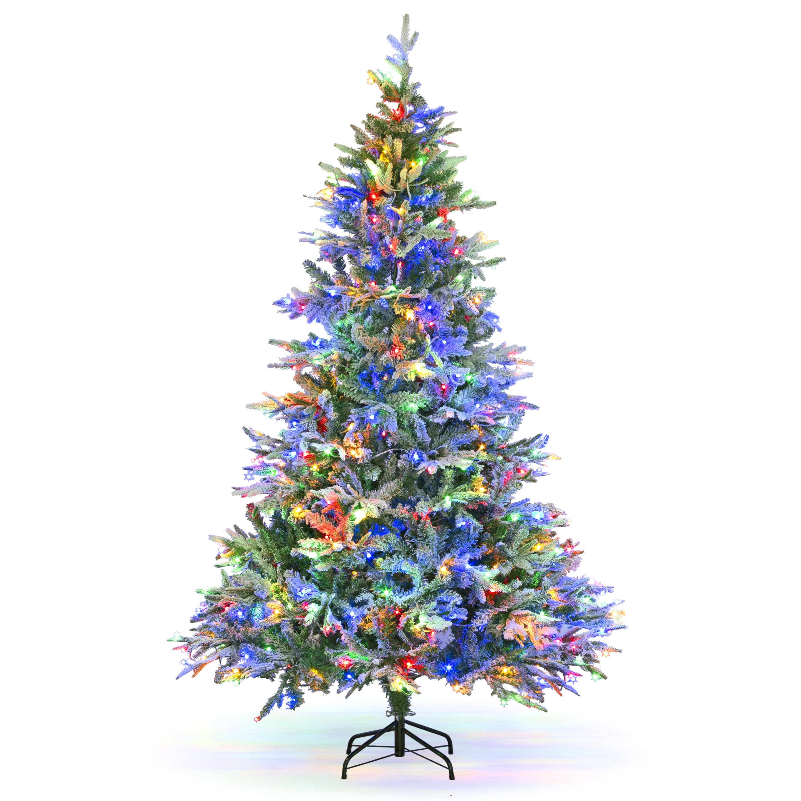 Garden Store DirectLapland Fir Snow Flocked Covered Artificial Christmas Tree PE & PVC Mixed Tips, Hinged Branches, 4ft to 10ft (Multi-Coloured LED's, 7ft (210cm))