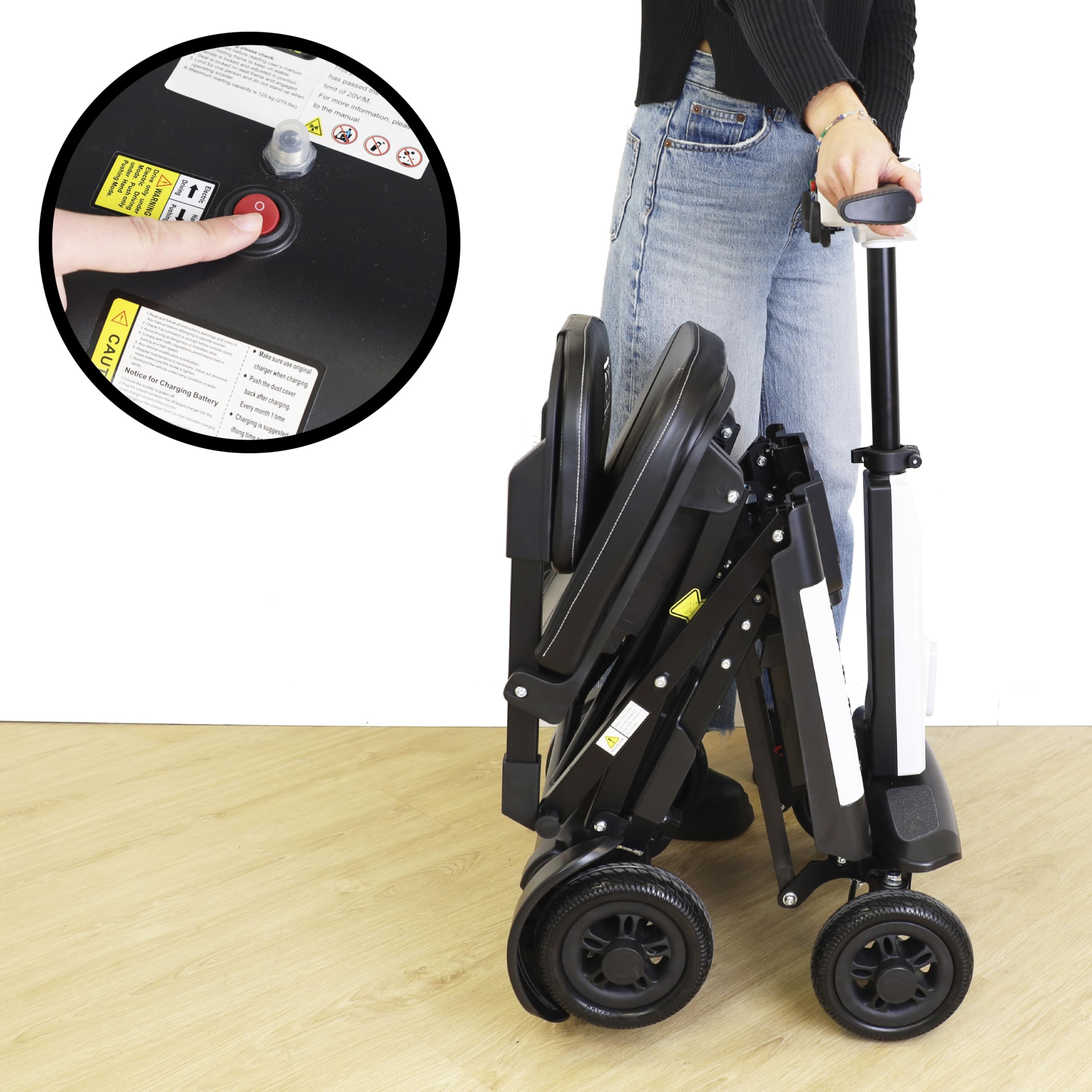 PEPE Mobility Scooter Eléctrico Plegable, Batería 10Ah, 4 Ruedas, Blanco | Autonomía de 10 a 15 km, Litio Extraíble de 24V con 2 Llaves, Manillar Regulable, Asiento Acolchado, Luz LED y Claxon