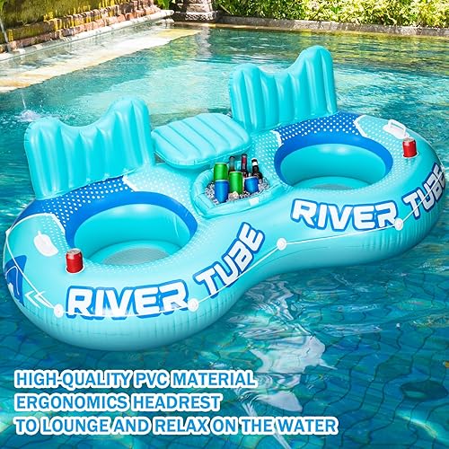 Miniatura 6 de ShinyRelief Flotador inflable de tubo de río, flotador de piscina resistente para 2 personas con enfriador integrado, respaldo ergonómico y