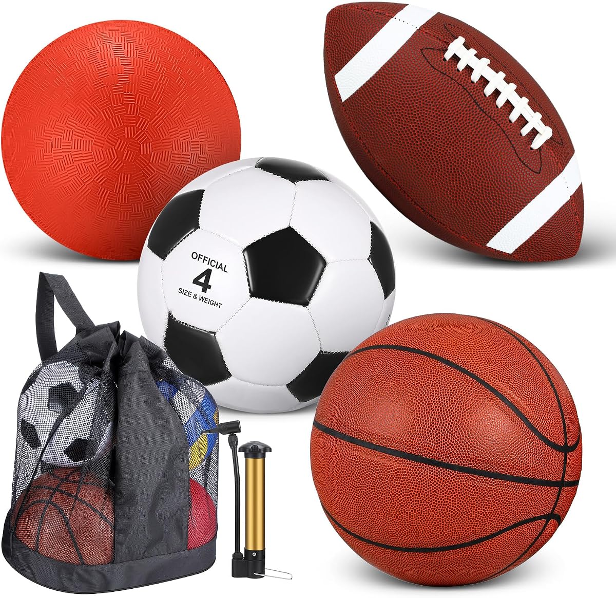 Deekin Juego de 4 pelotas deportivas para niños y adolescentes, incluye pelota de baloncesto de tamaño oficial, fútbol, ​​parque infantil y bomba, bolsa de equipo deportivo, regalo deportivo (color normal)