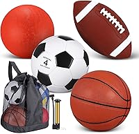 Deekin 4-Piece Kids Sports Balls Set: Official Size Basketball, Soccer, Football, Playground Ball w/ Pump & Bag
