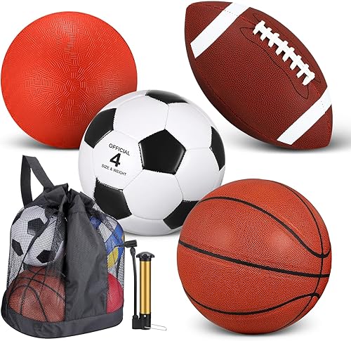 Miniatura 10 de Deekin Juego de 4 pelotas deportivas para niños y adolescentes, incluye tamaño oficial de baloncesto, fútbol, fútbol, patio de recreo, pelota