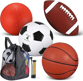 Deekin 4 Pcs Sport Balls Set for Kids Teens, Include Official Size Basketball Soccer Football Playground Ball and Pump Sports Equipment Bag Christmas Operation Gift for Students(Normal Color)