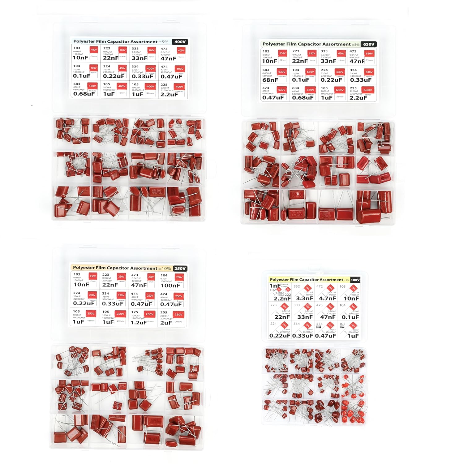 Metalized Film Capacitor Assortment 415 pcs, 4 Kits 100V 250V 400V 630V, All Values 1nF 10nF 0.1uF, 0.01uF, 0.22uF 0.47uF 1uF 2.2uF