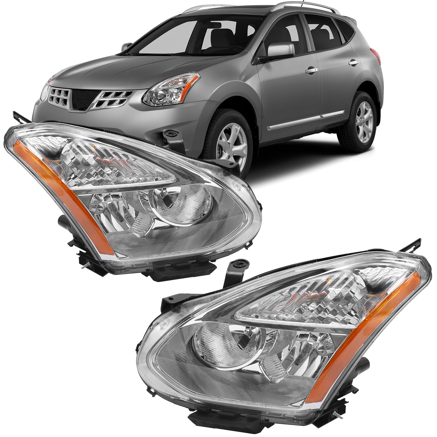 Headlight Fit for 2008-2013 Nissan Rogue / 2014-2015 Nissan Rogue Select, Chrome House Headlamp Driver and Passenger Side NI2502170, NI2503170 (Chrome)