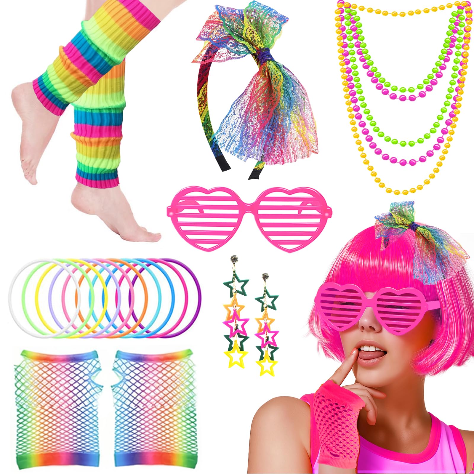 80s Fancy Dress Accessories Set, 1980s Retro Costume Kit with Bow Headband Leg Warmers Fishnet Gloves Earrings Necklace for Women Girls 80s 90s Theme Party Hen Do Party Supplies (Rainbow)
