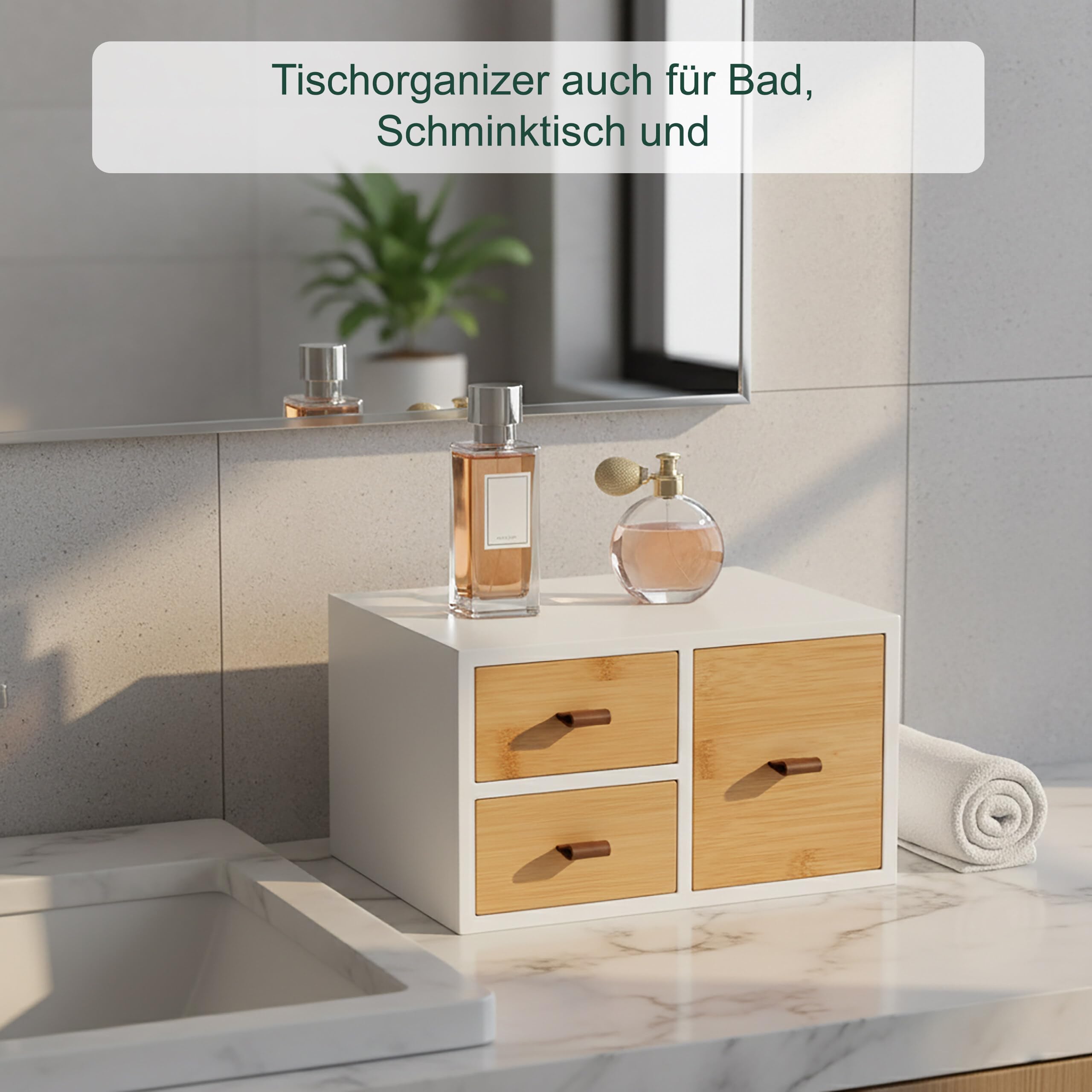 Relaxdays Schubladenbox Bambus & MDF, 3 Schubladen, Schlaufen, HBT: 15x25x20 cm, Schreibtisch Organizer, schwarz/Natur