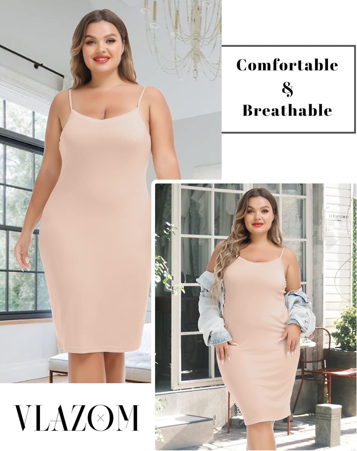 Vlazom Women's Plus Size Full Slip Dresses V-Neck Soft Nightgown Adjustable Spaghetti Strap Mini Casual Dress Under Dresses - Image 3