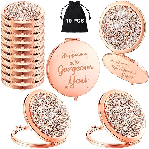 Soaoo Espejo compacto inspirador 1x2x con aumento de doble cara, espejo de bolsillo portátil de metal con diamantes de imitación para bolso, mini