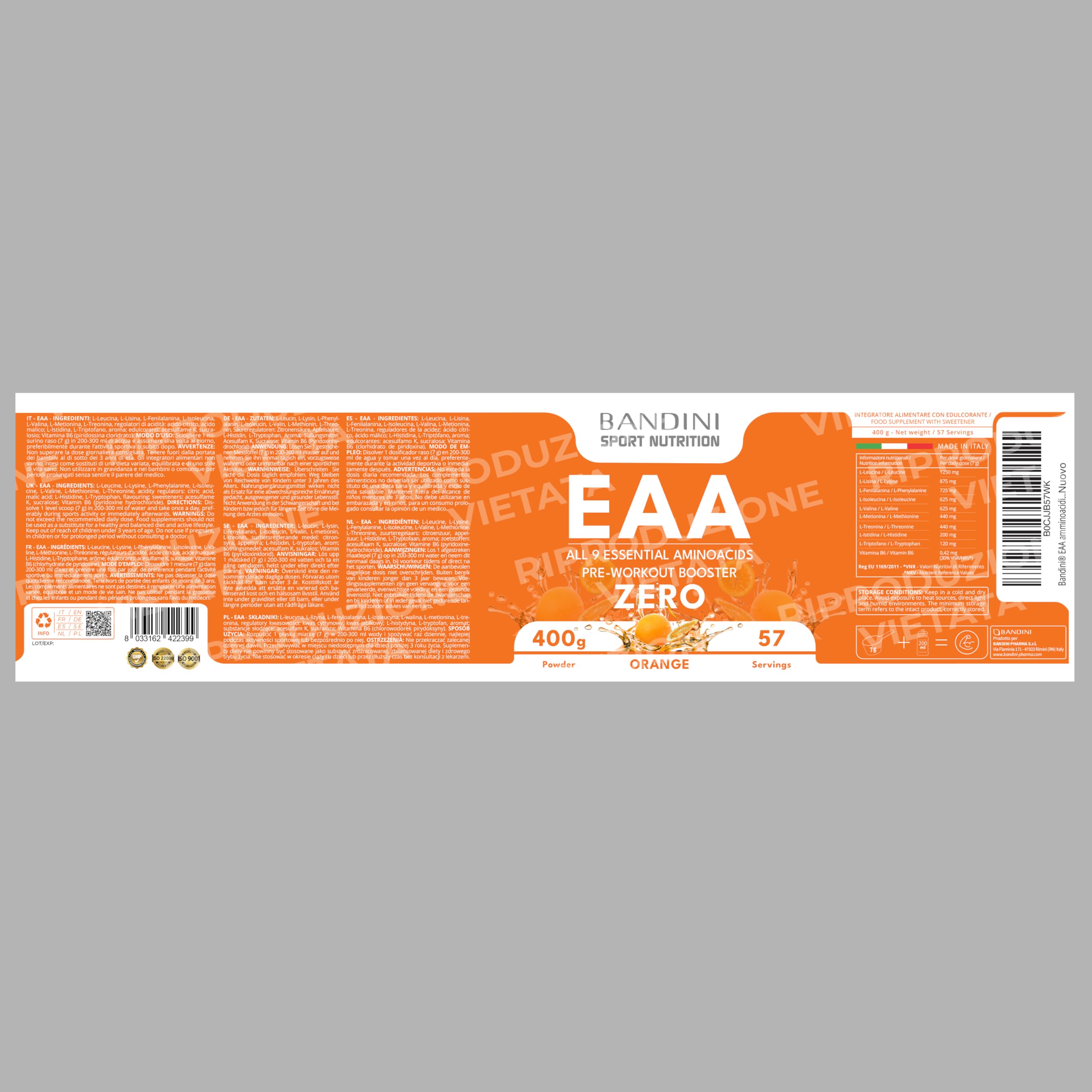 Bandini® EAA Essential AMINO in polvere - 400 g powder - Con 9 Amminoacidi Essenziali Fermentati e Ramificati BCAA 2:1:1 - Recupero Muscolare - Intra Pre Post Workout - 100% Vegan - Gusto Arancia