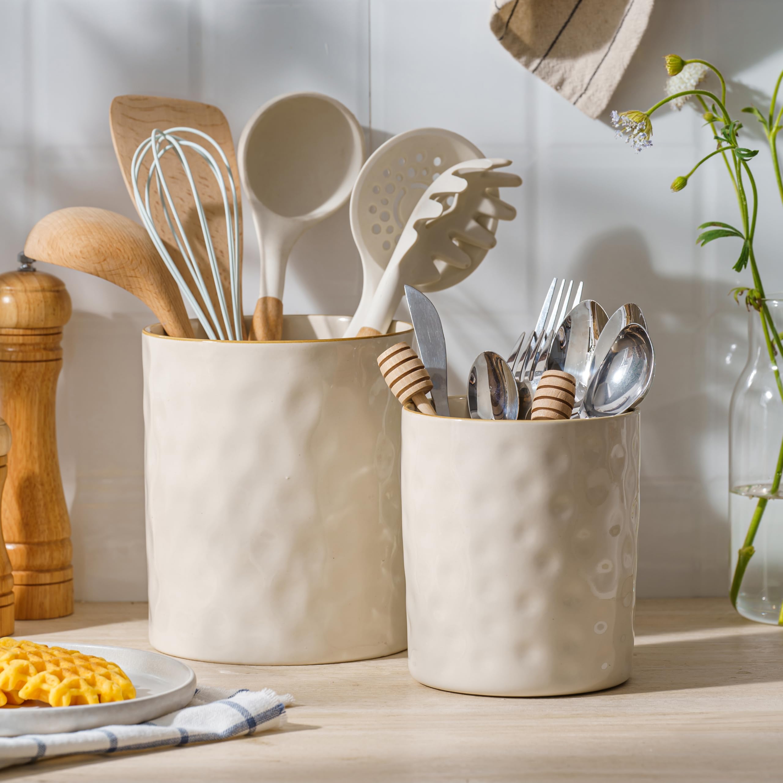 famiware Ocean Utensil Holder, 7.2"+5.8" Ceramic Kitchen Utensil Holder for Countertop, Cooking Utensil Crocks, Utensil Organizer for Spatula & Spoon,