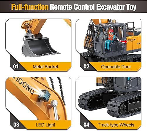 Miniatura 10 de Excavadora de juguete con control remoto para niños de 3 a 5 años, giros de 680 grados con 2 baterías, pala de metal, letrero de bloqueo, luces y