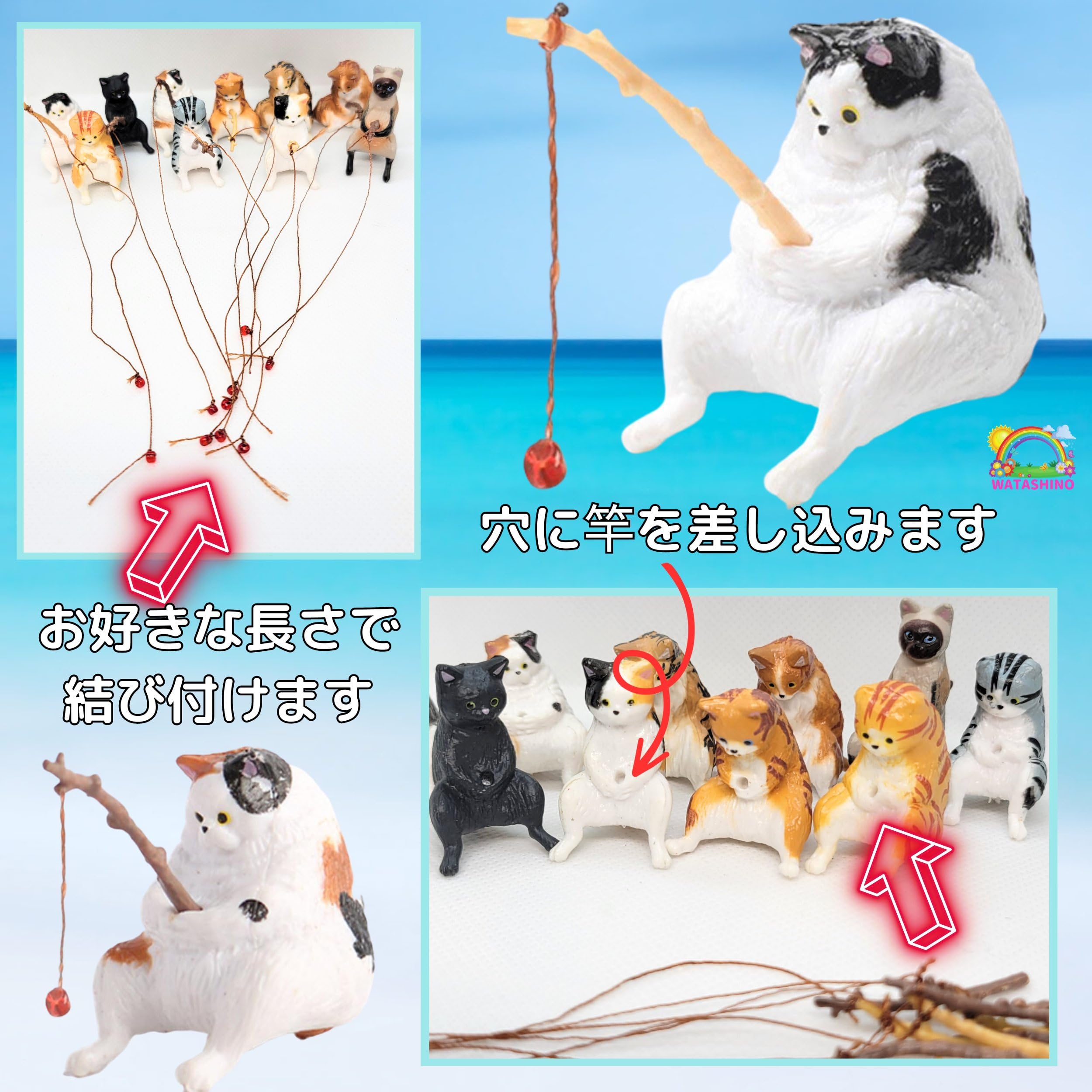 Amazon.co.jp: WATASHINO 猫フィギュア 釣り猫 置物 水槽オブジェ