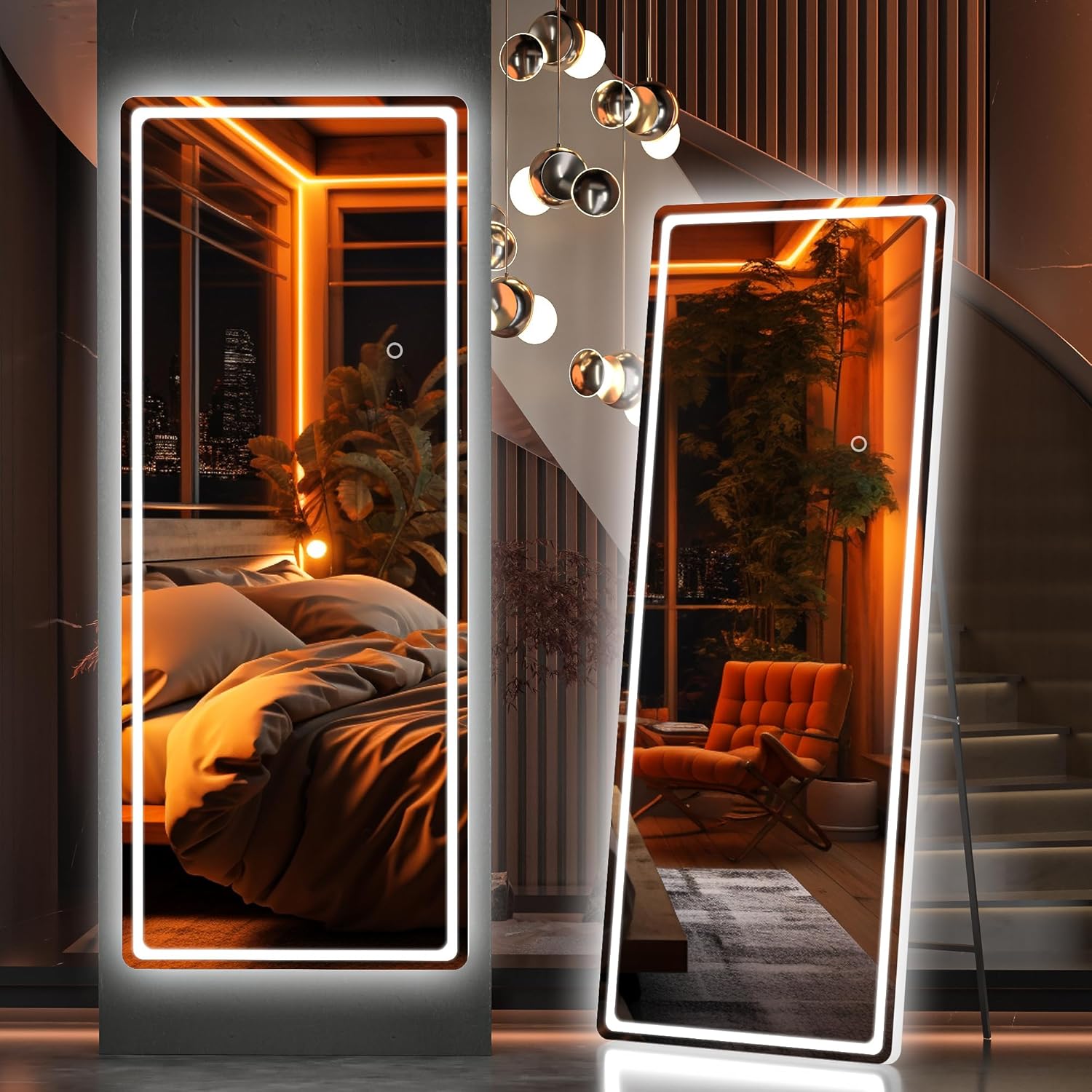 Hasipu Full Length Mirror with Lights, 56" x 20" LED Floor Mirror, Full Body Dressing Standing, Hanging Mounted Mirror for Living Room Bedroom Cloakroom, Round White White 56"L x 20"W