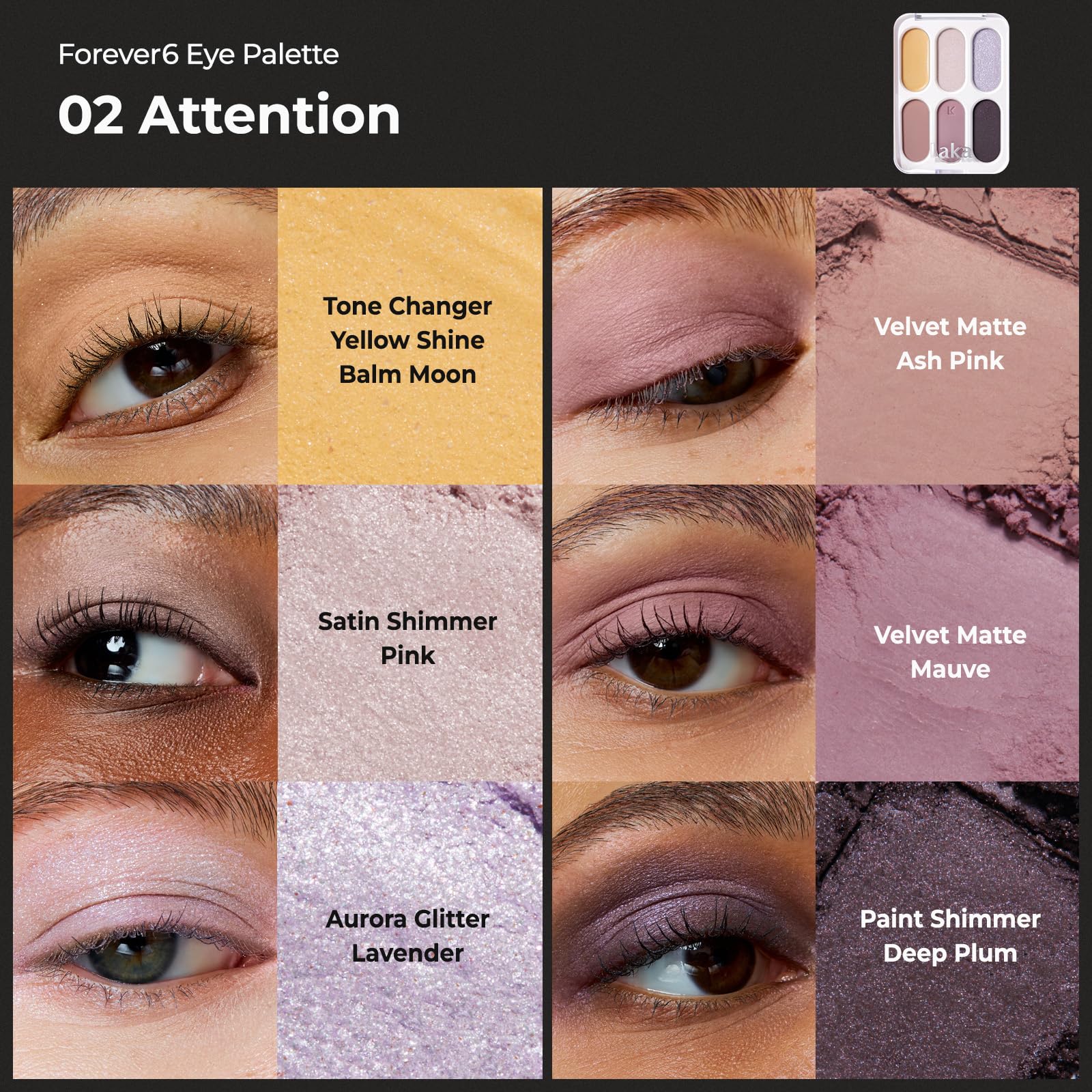 Laka Forever 6 palette di ombretti, 6 tonalità opache, luccicanti e scintillanti, a strati, colori facili da sfumare per un look quotidiano e vivace, vegano, K-Beauty
