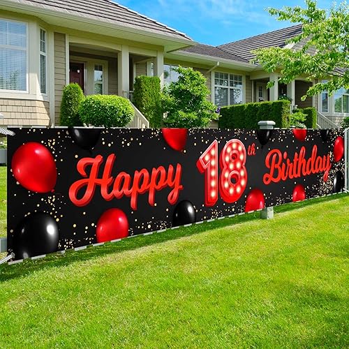 Cartel de feliz cumpleaños número 18 color rojo y negro, globos para decoración temática para patio, jardín, niñas, mujeres, princesas, 18 años,