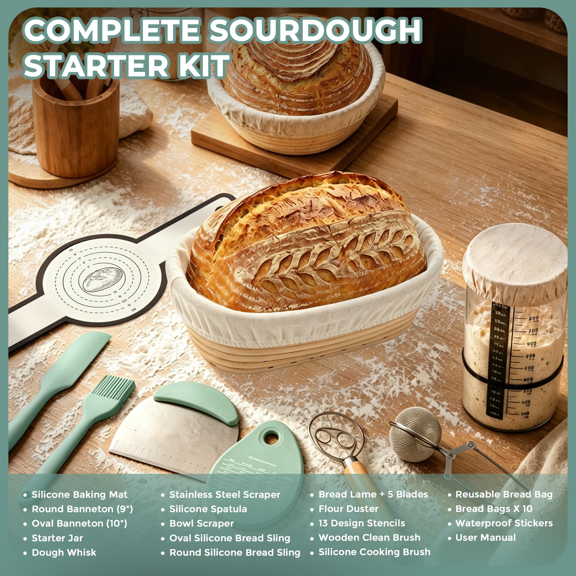 Sauerteig-Starter-Set – Komplettes Brotback-Set mit rundem und ovalem Banneton-Gärkorb, Sauerteigglas, Brotschleifen, Silikonmatte und Teigschabern – Backzubehör als Geschenk für Hobbybäcker