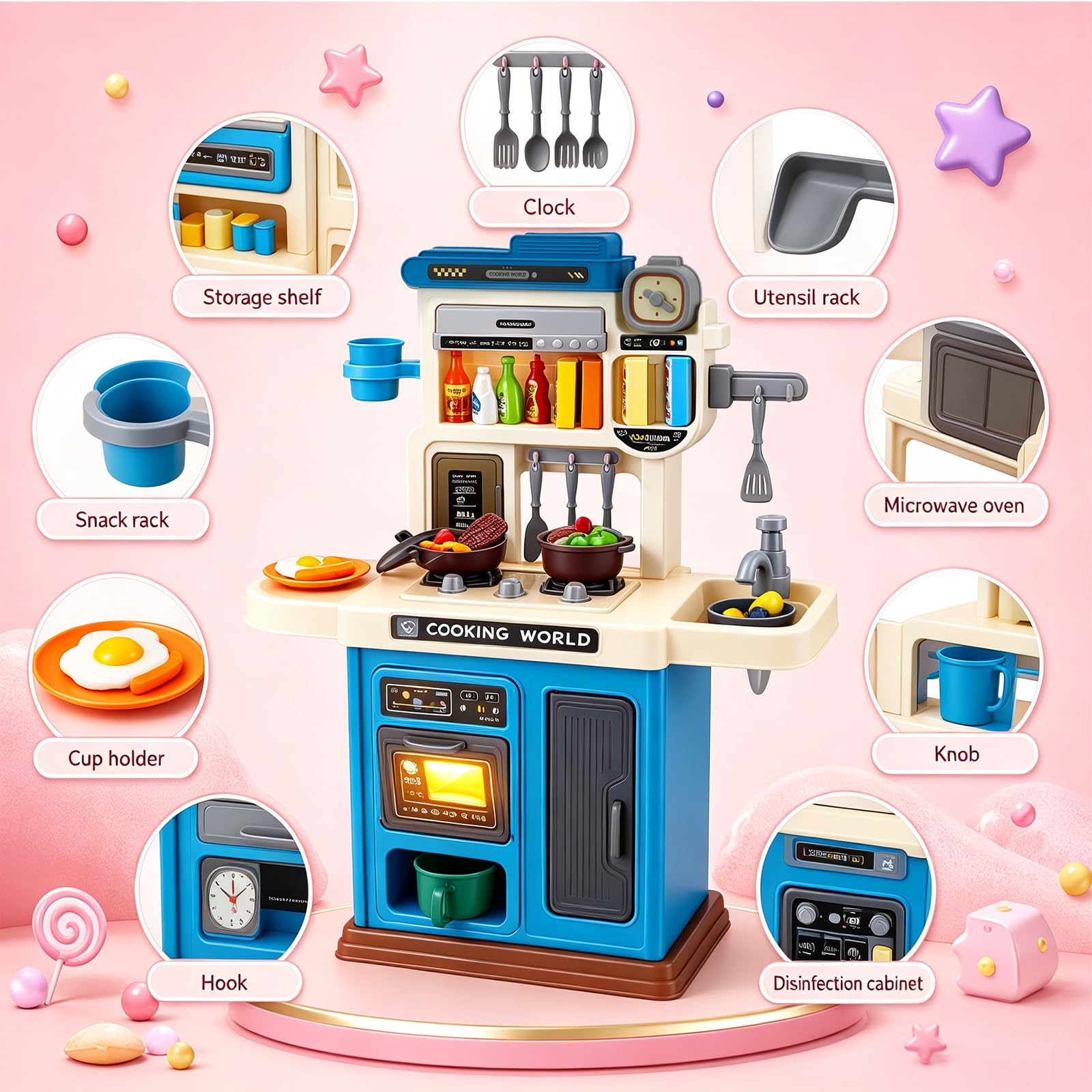 Cuisine Enfant avec 50 Accessoires, Cuisine Jouet avec Lumière, Son & Vapeur, Cuisine Enfant avec Plaque de Cuisson, Évier & Fonction Eau, Cuisine Poupée, Cuisine Jouet pour Enfants dès 3 Ans, Bleu