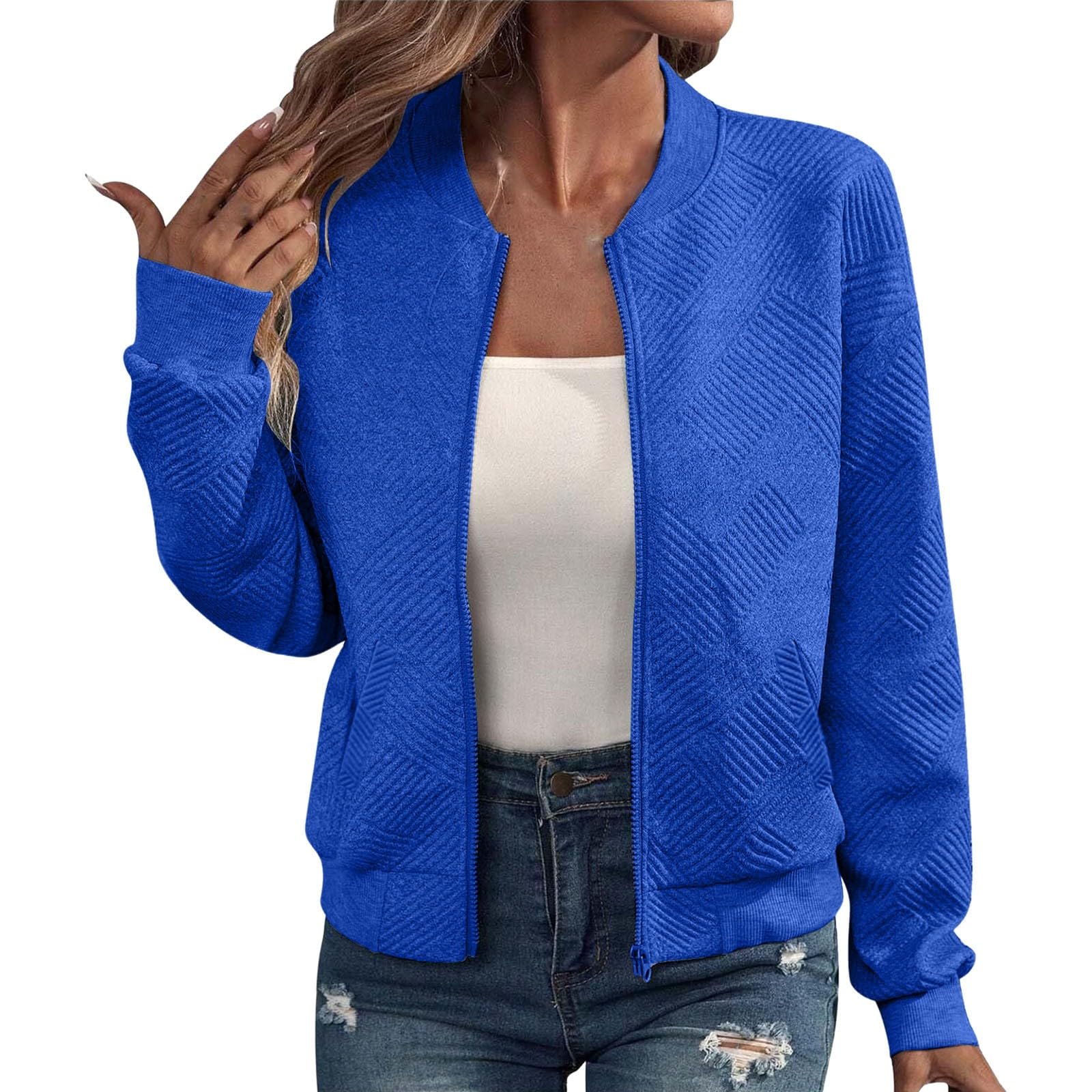 Cárdigan de verano mujer corto, chaqueta de manga larga con cremallera y bolsillos 8