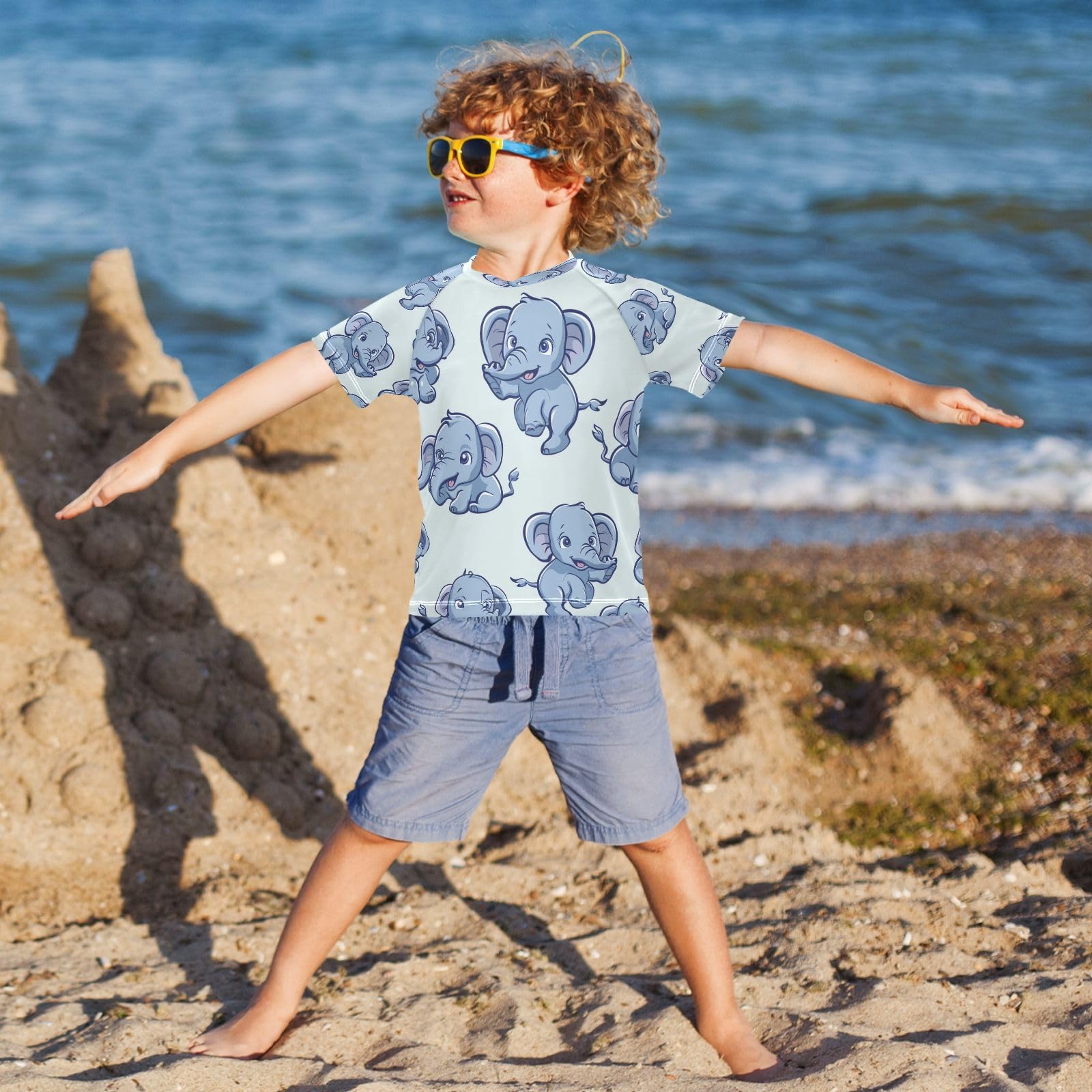 MNSRUU Toddler Boy Rash Guard Short Sleeve Swim Shirt Elephant Print Rashguard 9-10T Beach Shirts Quick Dry,35