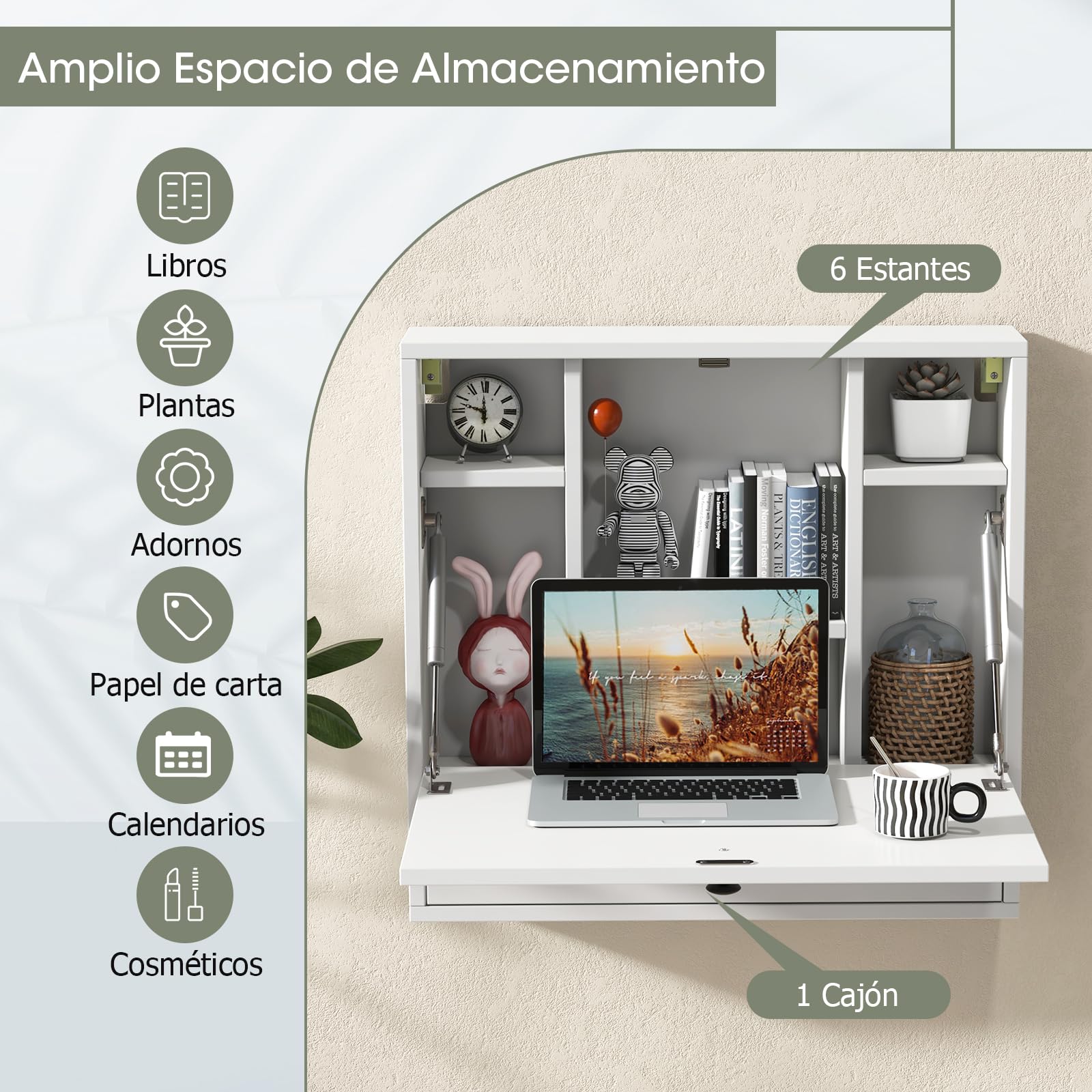 GYMAX Escritorio de Pared, Escritorio Flotante 2 en 1 con Estante Plegable, 6 Compartimentos de Almacenamiento y Cajón, Ahorro de Espacio para Casa, Oficina, Dormitorio (Blanco)