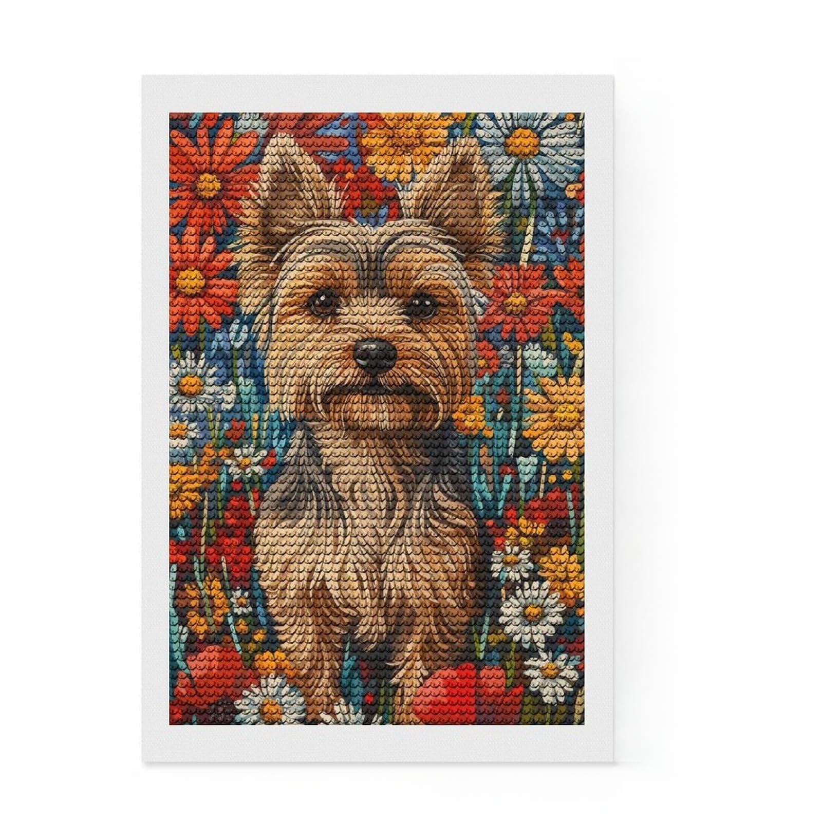 Junmoney Yorkshire Terrier in Flowers Dog Wall Art Print Diamond Art Kit 8"x12", Satisfying Creative Project, Creative Leisure Activity, Cosy Home Accent, Christmas Gift