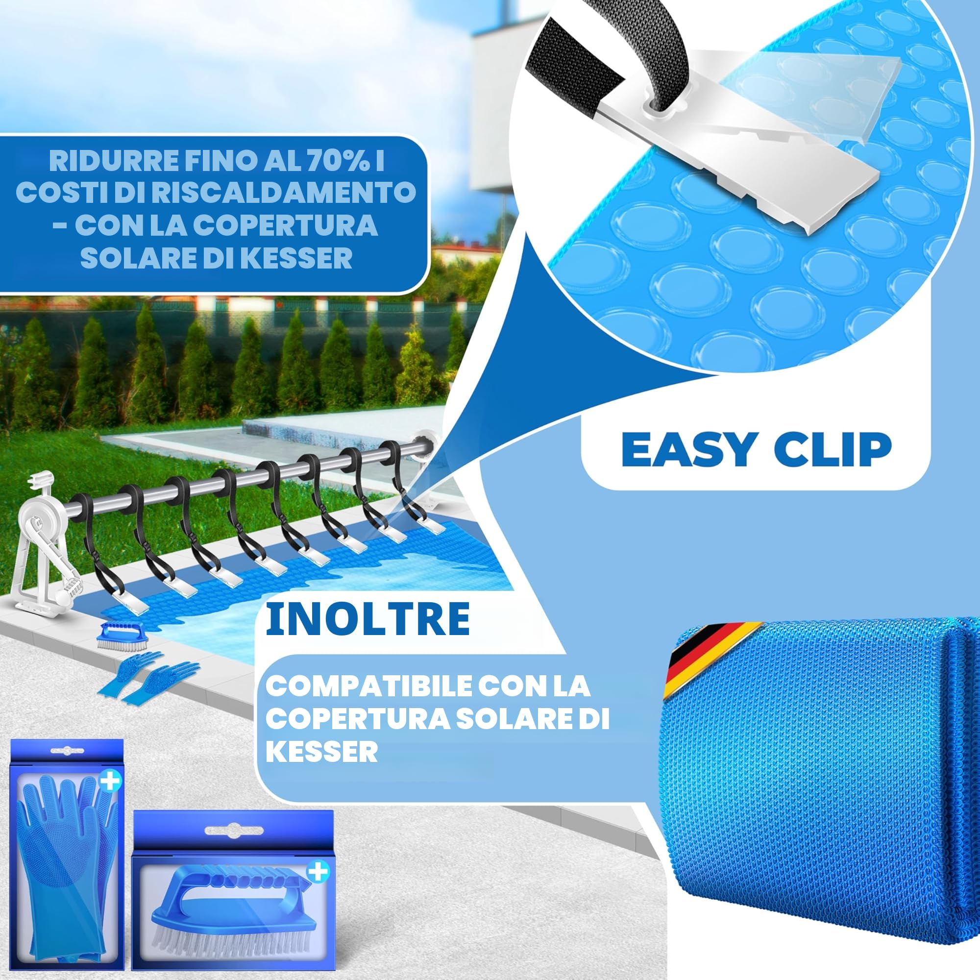 KESSER® Sistema di Bobine Premium Sistema di avvolgimento 1.05m - 6.15 m | per Il telone Solare | Dispositivo Mobile di avvolgimento per teloni e coperture per Piscine | Inclusi i Nastri