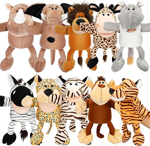 Juego de 10 títeres de mano de animales para niños, juguetes de selva de felpa suave con boca abierta y movible, amigo, safari, vida silvestre,