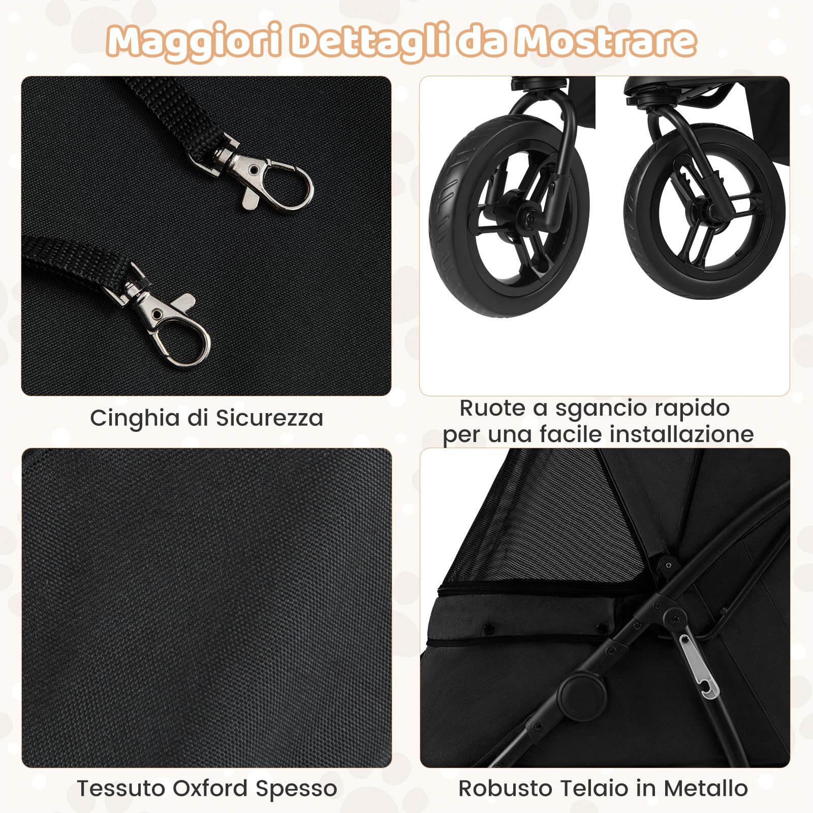 COSTWAY Passeggino a 3 Ruote per Cani Piccoli e Medi, Passeggino Pieghevole per Gatti con Freno a Pedale Singolo, Tenda Regolabile, Cestino, Cuscino e Guinzaglio di Sicurezza, Portata 25 Kg (Nero)